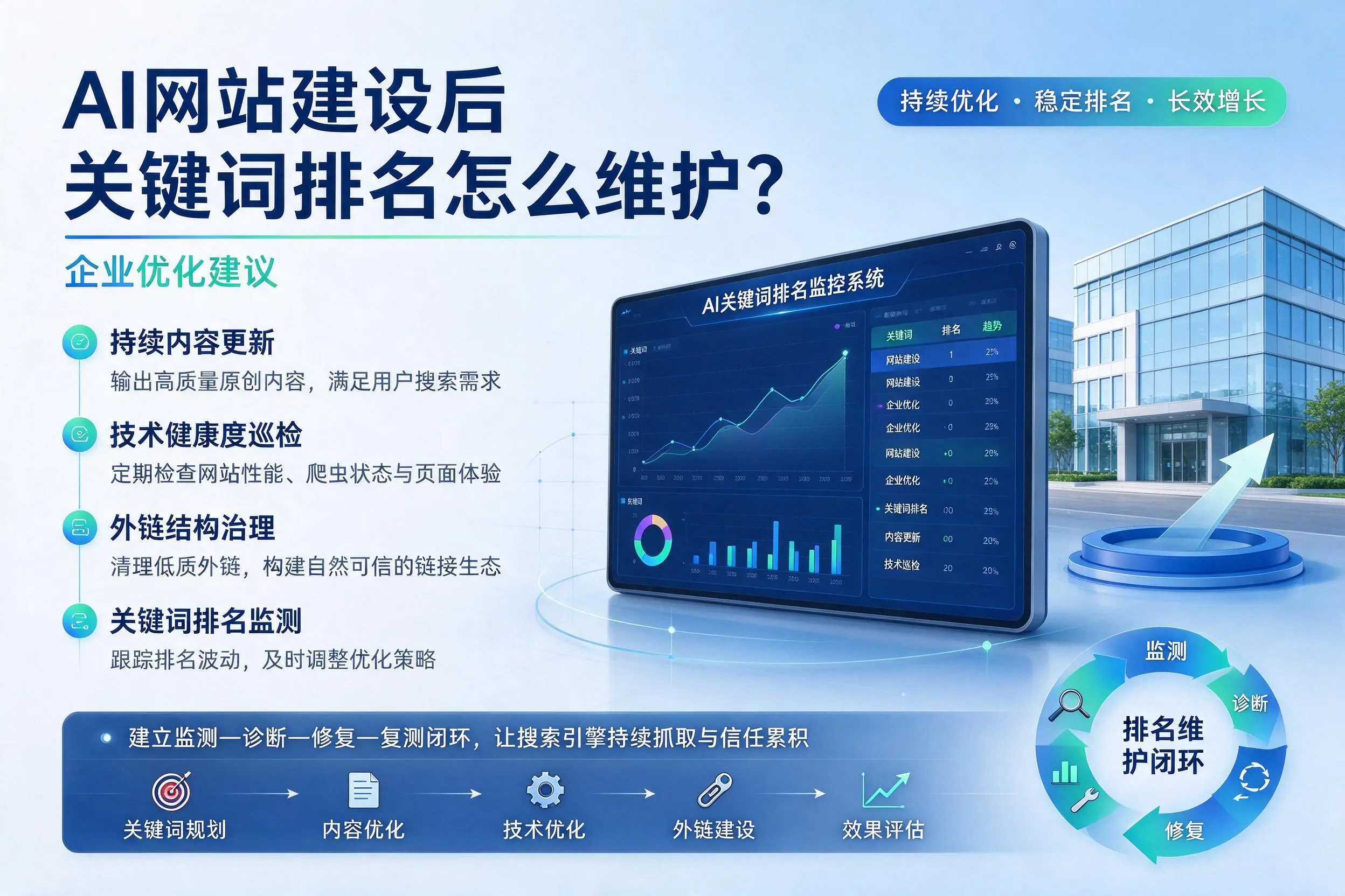 AI网站建设后关键词排名怎么维护？阿克苏企业优化建议