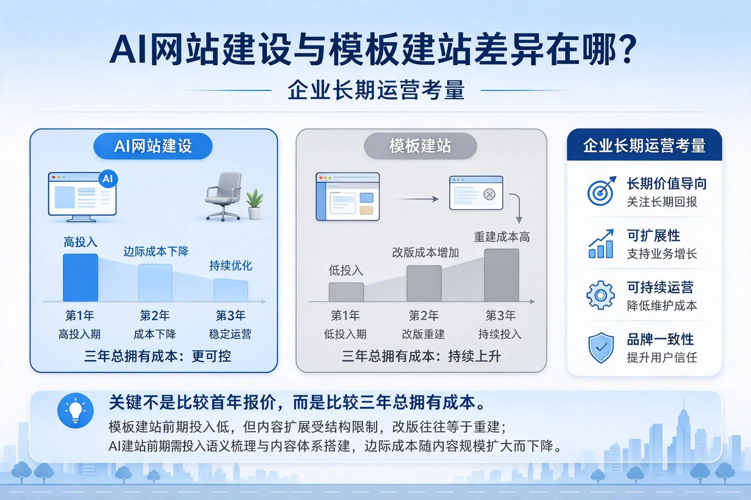 AI网站建设与模板建站差异在哪？阿克苏企业长期运营考量